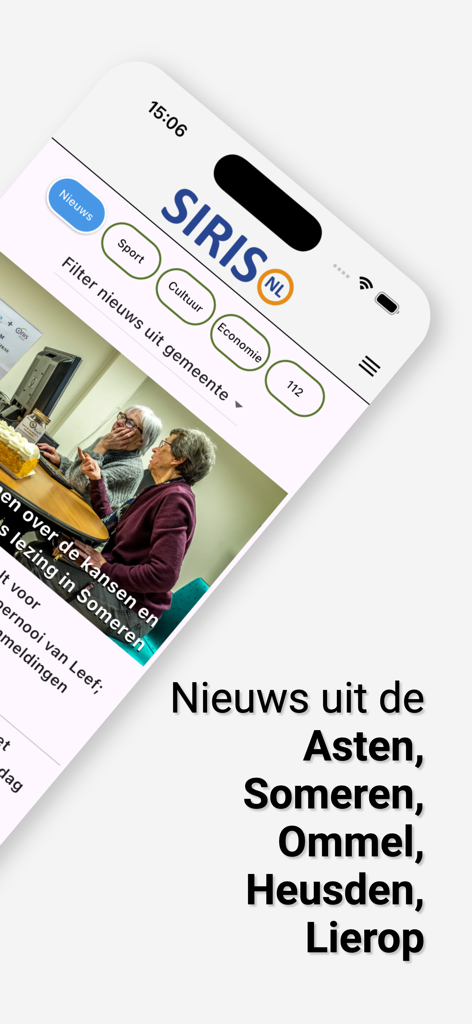 SIRIS - The SIRIS mobile app displaying hyper-local news categories and articles for the Asten and Someren regions.