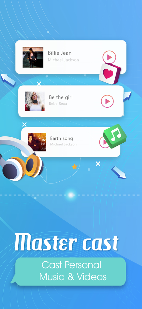Oberfläche der Castto-App zum Übertragen persönlicher Musik und Videos vom iPhone auf einen Fernsehbildschirm