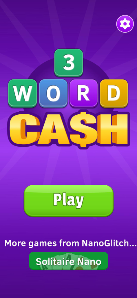 3 Word Cash - Win Real Prizes - Menu principal do jogo de palavras mobile 3 Word Cash com um botão de jogar.