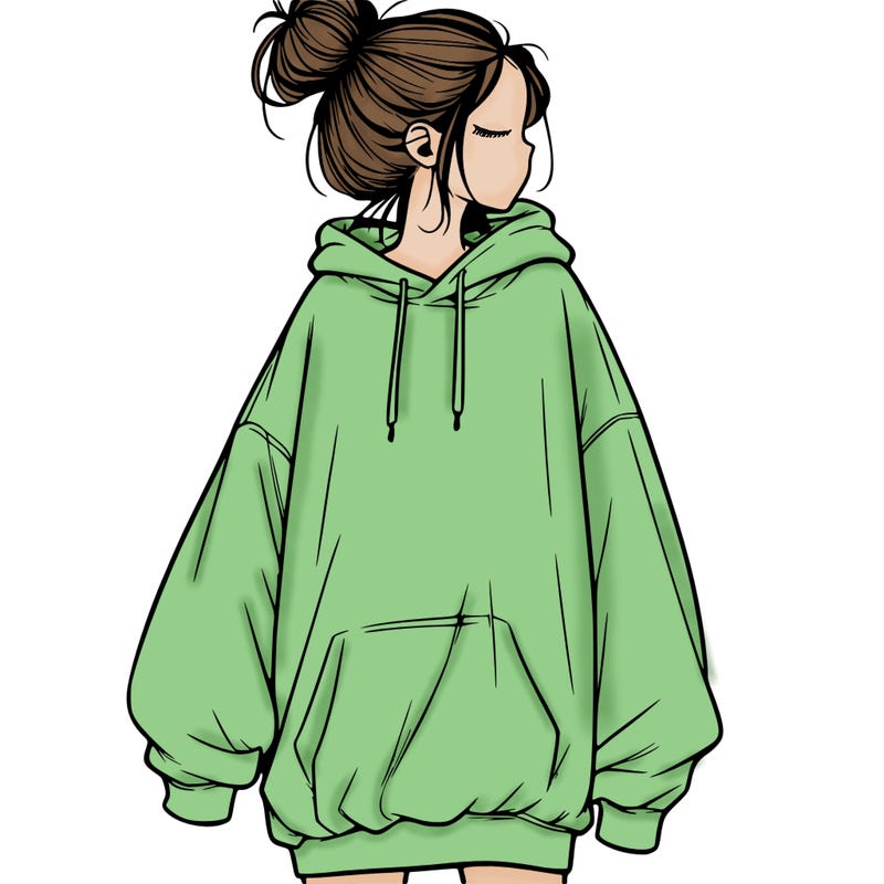 realistic girl with a oversized sweatshirt on and a bun