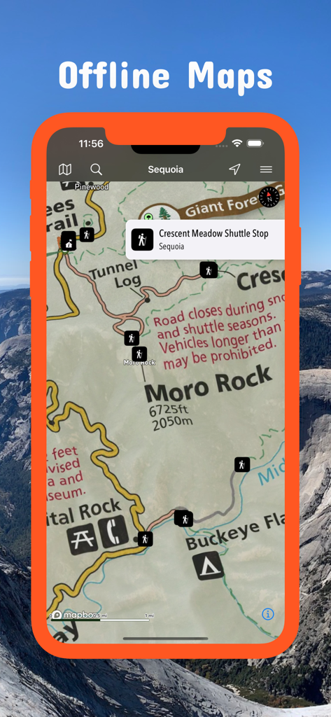 모로 록과 트레일 표시기를 보여주는 캘리포니아 포켓 지도 앱의 세쿼이아 국립공원 오프라인 지도.