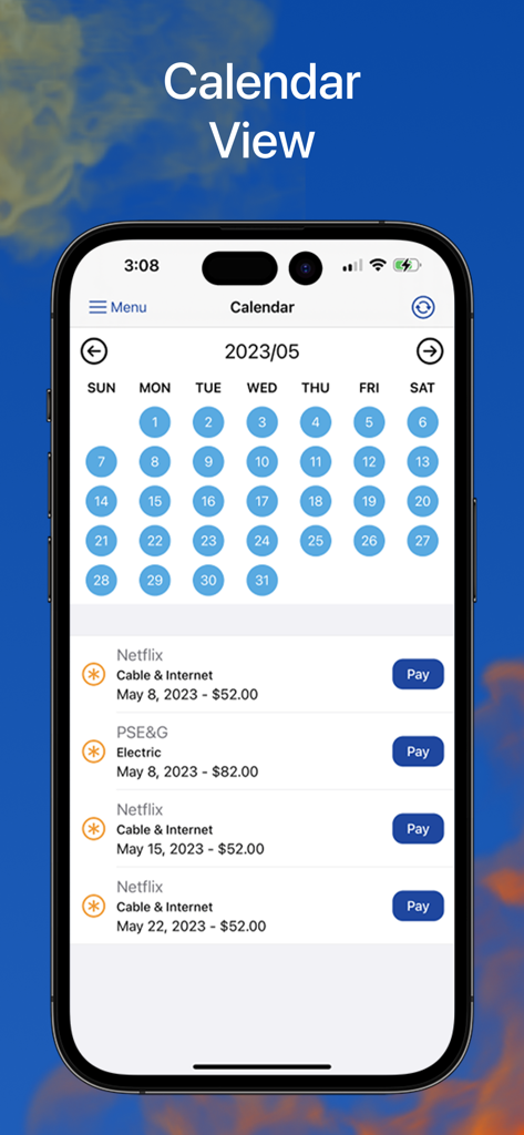 A smartphone screen showing the bill organizer app calendar with a list of upcoming bills like internet and electricity.