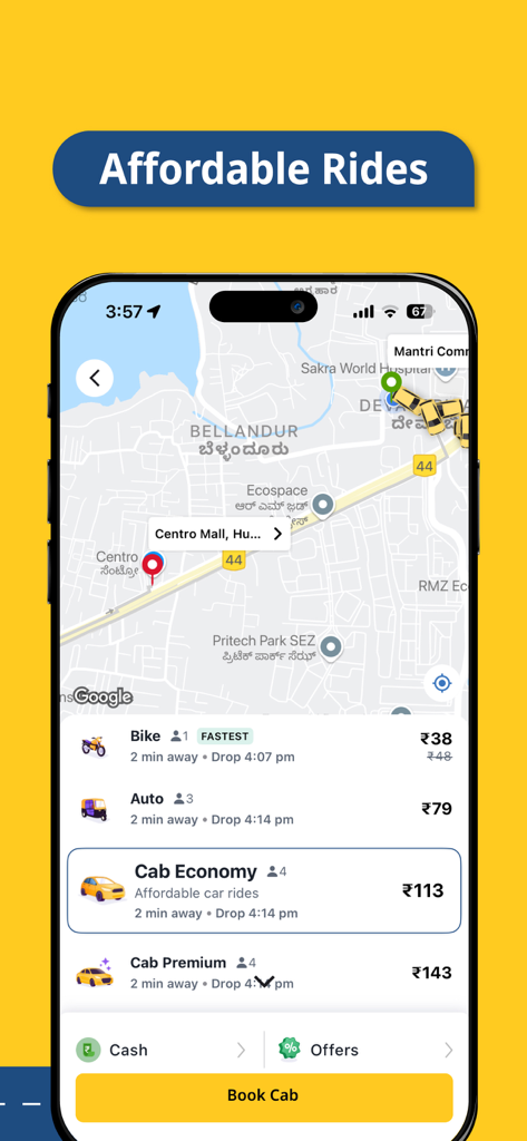 Rapido app interface showing booking options for bike taxi auto and cab rides with price estimates and a map