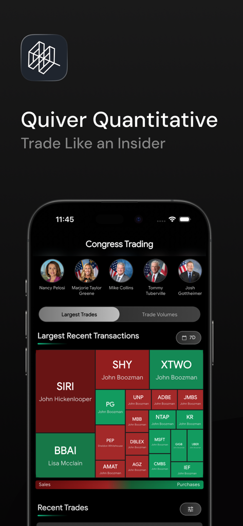 Quiver Quantitative - Uma interface de aplicativo móvel do Quiver Quantitative mostrando membros do Congresso dos EUA e suas recentes transações de negociação no mercado de ações