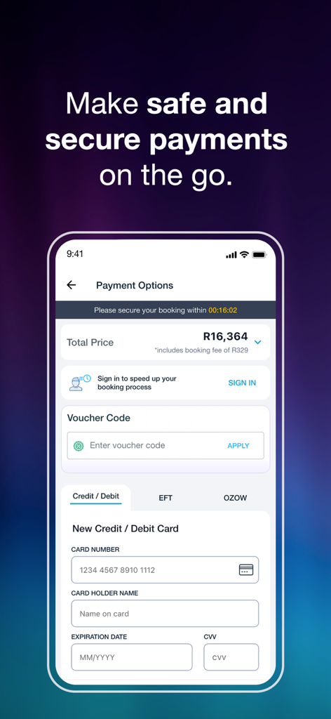 Travelstart: Flights & Hotels - Mobile app screen showing secure payment options for travel bookings with credit card entry fields and price details