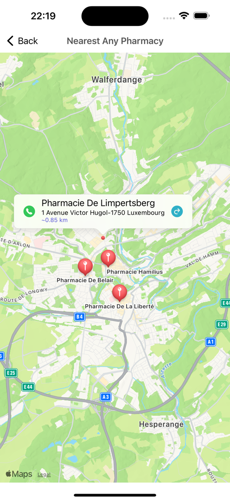 Vue cartographique dans l'application Luxembourg Pharmacies montrant les emplacements des pharmacies les plus proches et leurs détails