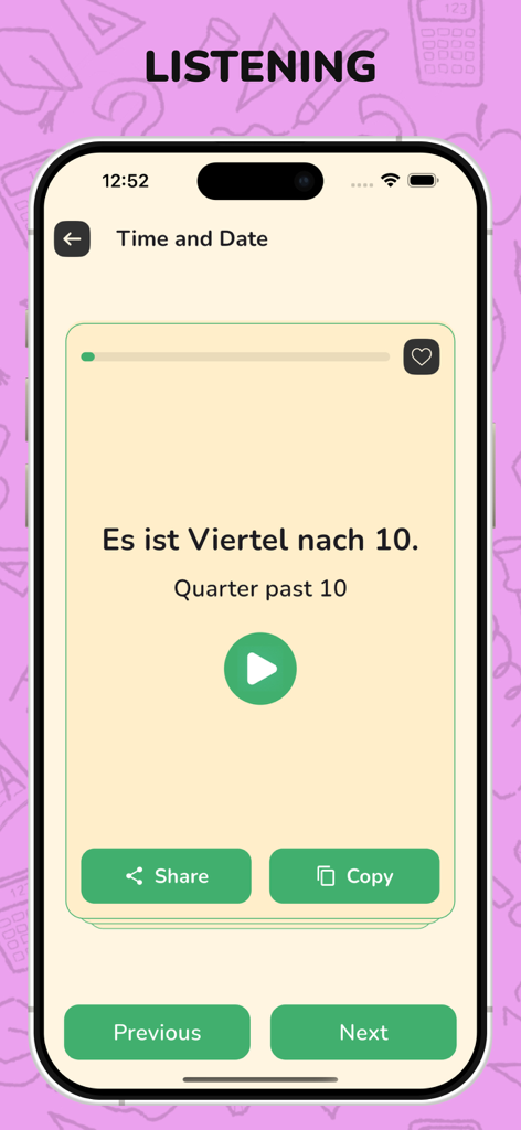 German Listening & Speaking - Pantalla de la aplicación de escuchar y hablar alemán que muestra frases de tiempo y fecha