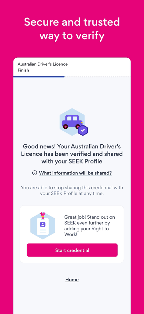 SEEK Pass - SEEK Passアプリで、正常に検証され共有された運転免許証を示す確認画面