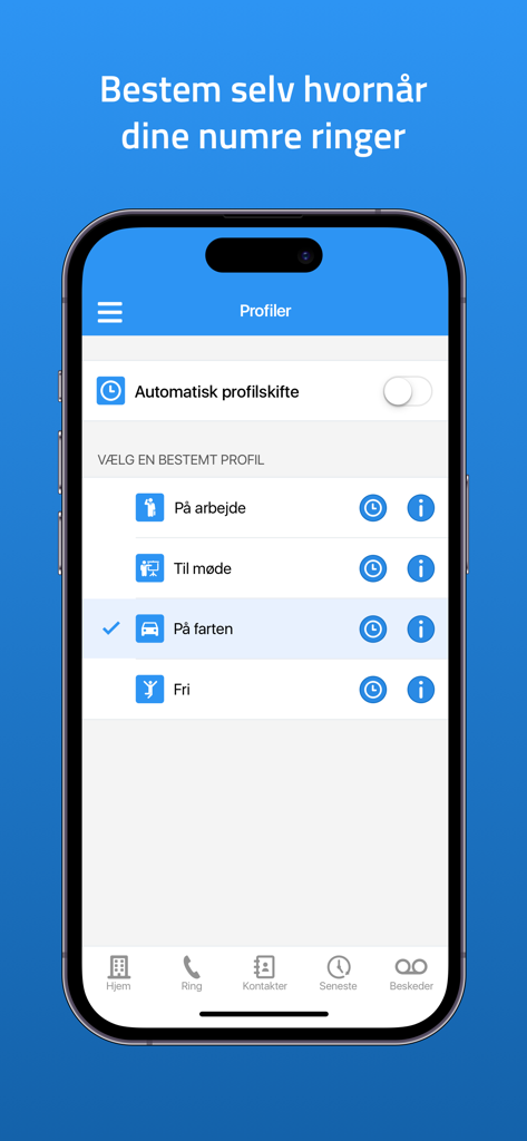 Myfone mobile app interface showing status profiles and automatic switching options for work life balance