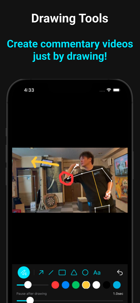 Interface showing drawing tools for annotating dart form videos with AI skeletal tracking