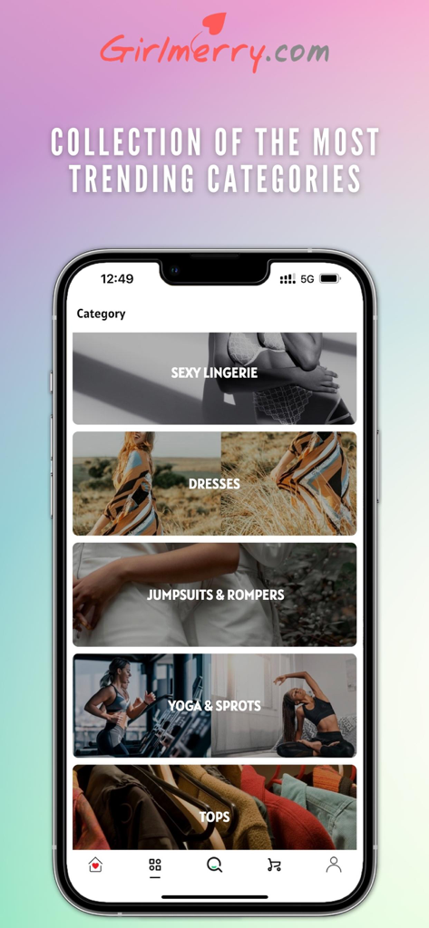 Girlmerry app screen displaying trending wholesale fashion categories including dresses and yoga wear