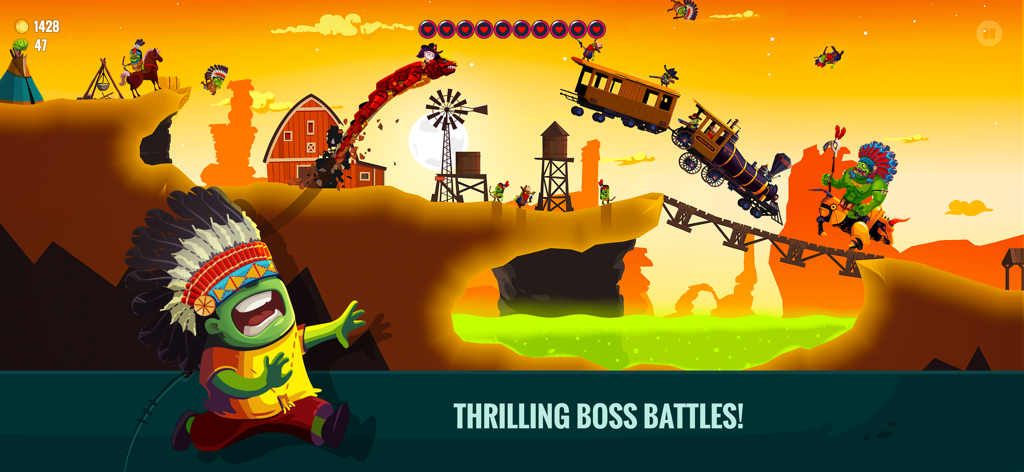 Dragon Hills 2 - Gameplay d'action de Dragon Hills 2 montrant un dragon mécanique sautant par-dessus un paysage désertique pendant un combat de boss avec un zombie géant.