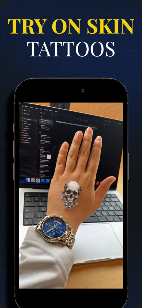 Tattoo AI Generator & Maker - Recurso de realidade aumentada mostrando um design de tatuagem de caveira em uma mão