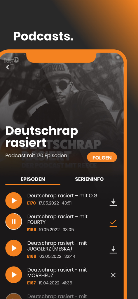 bigFM Radio - Interfaccia dell'app bigFM Radio che mostra un elenco di episodi di podcast hip hop tedeschi