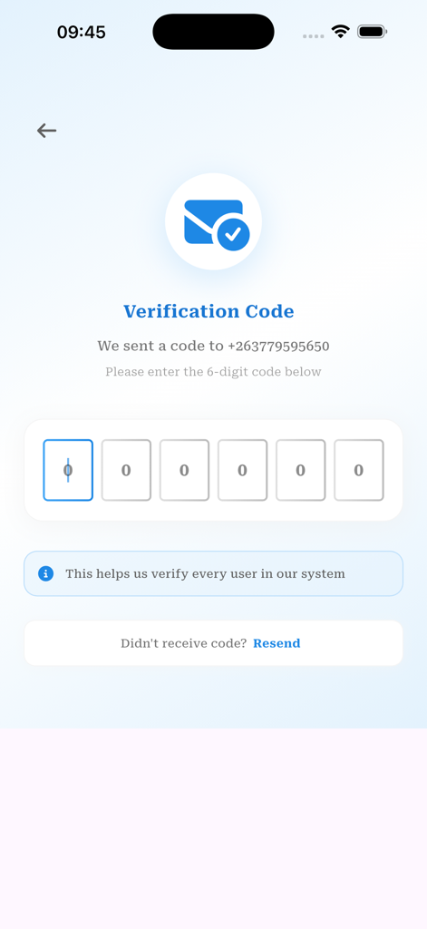Taura - Taura app verification code screen with six digit input fields for account security