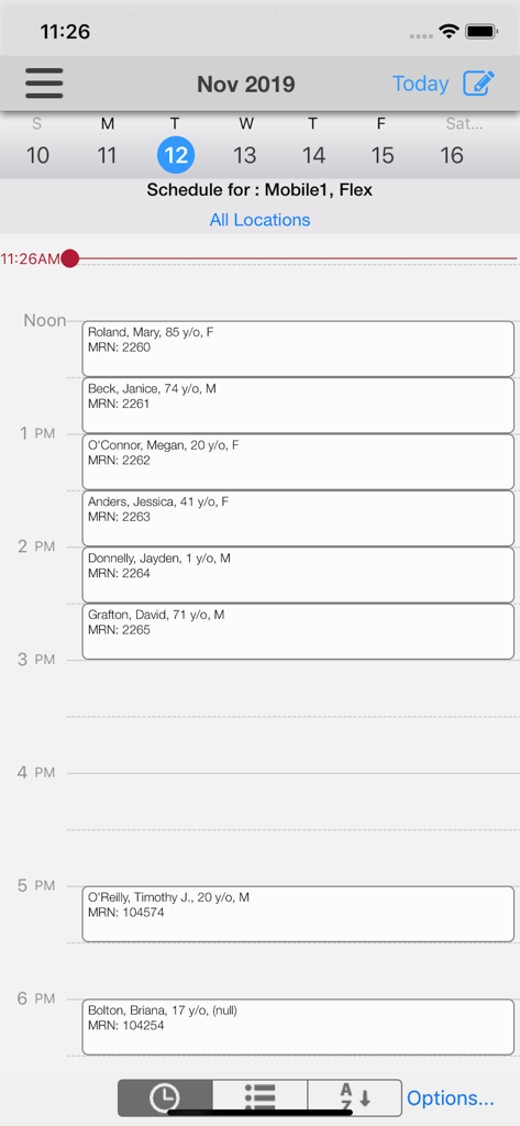 Solventum™ Fluency™ Mobile App - Clinician daily patient schedule interface within the Solventum Fluency Mobile App