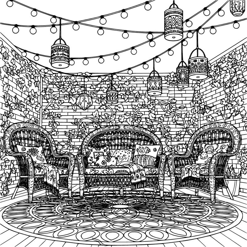 a bohemian outdoor patio surrounded by lush plants, wicker furniture with layered textiles, patterned outdoor rug, string lights and lanterns, detailed brick wall and ivy, dappled sunlight, highly intricate black and white line art adult coloring page