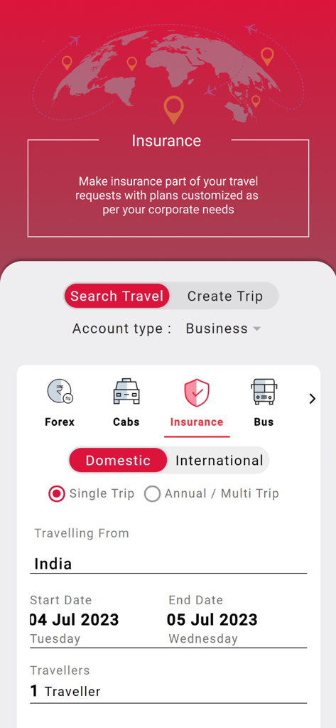 SOTC EVA - SOTC EVA App-Oberfläche zur Buchung einer Reiseversicherung für Unternehmen mit nationalen und internationalen Optionen