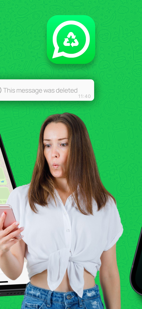 Ware: Recover Deleted Messages - Uma mulher surpresa olhando para seu telefone com uma notificação de mensagem apagada