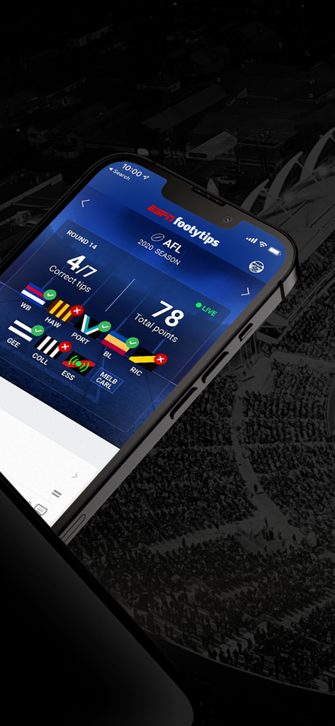 footytips - Footy Tipping App - La aplicación footytips de ESPN muestra resultados y puntuaciones de pronósticos de la AFL en un dispositivo móvil