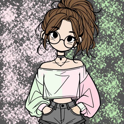 girl with a messy ponytail glasses a baggy crop top and jean shorts