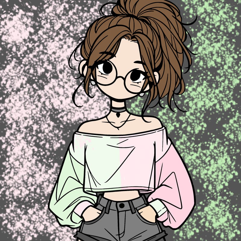 girl with a messy ponytail glasses a baggy crop top and jean shorts