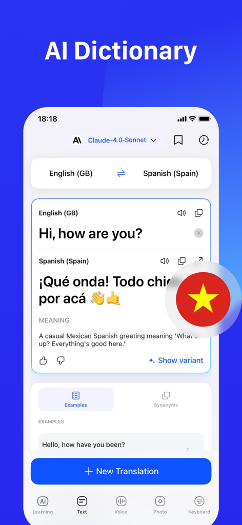 AI Dictionary in the Live Translator app providing a casual slang translation from English to Spanish with cultural context