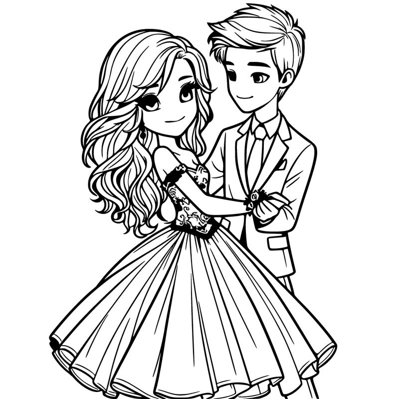 realistic teenaged girl with long hair and a big ball gown dress dancing with realistic teenaged boy with suit at prom