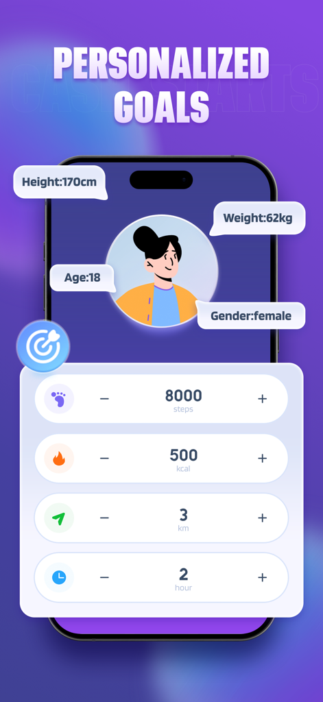 StepBucks: Step into health - Pantalla de smartphone que muestra los objetivos personalizados de StepBucks para pasos, calorías y duración