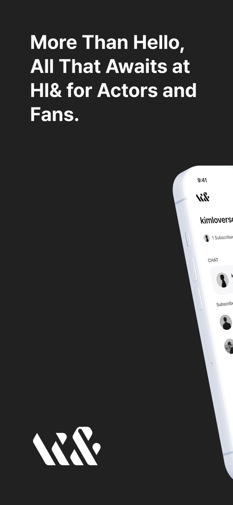 HIAND 앱 스플래시 화면. 모바일 기기에서 채팅 인터페이스를 보여주는 배우와 글로벌 팬을 위한 소통 플랫폼