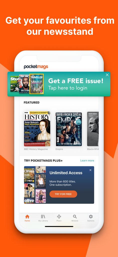 Pocketmags Digital Newsstand - Pocketmags app home screen displaying featured digital magazines and an offer for a free issue