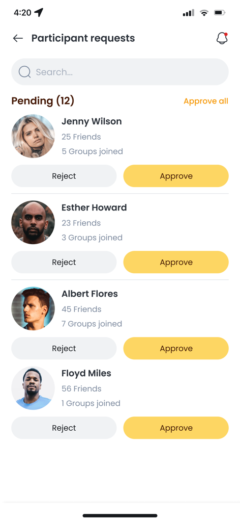 Sports in One - Mobile screen showing a list of pending participant requests to join sports events with approve and reject buttons