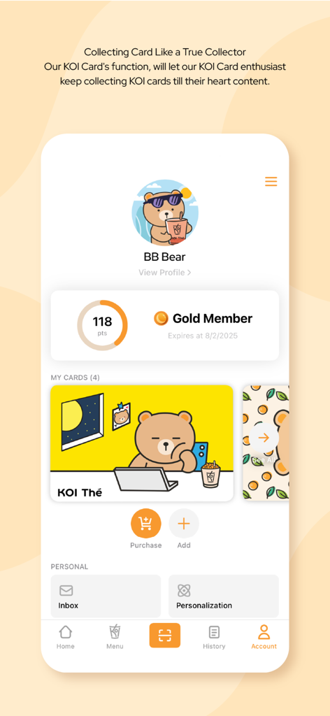 KOI Thé Cambodia - KOI Thé Cambodia mobile app user account screen showing gold membership status and reward points