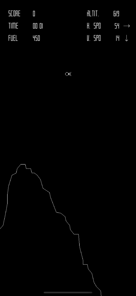 LunarLander! - LunarLander gameplay showing vector graphics of the moon lander and flight telemetry data on a black background