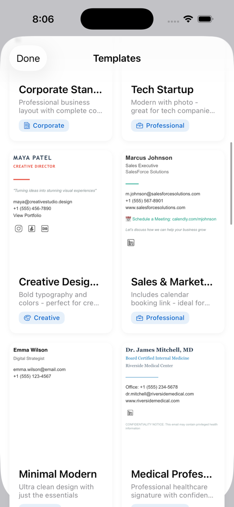 Une collection de modèles de signature d'e-mail professionnels incluant des startups technologiques d'entreprise et des designs créatifs dans l'interface de l'application
