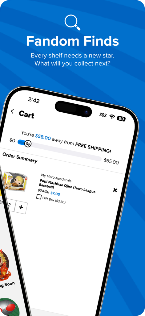 Funko - Shopping cart screen of the Funko app showing a My Hero Academia collectible and a free shipping progress bar