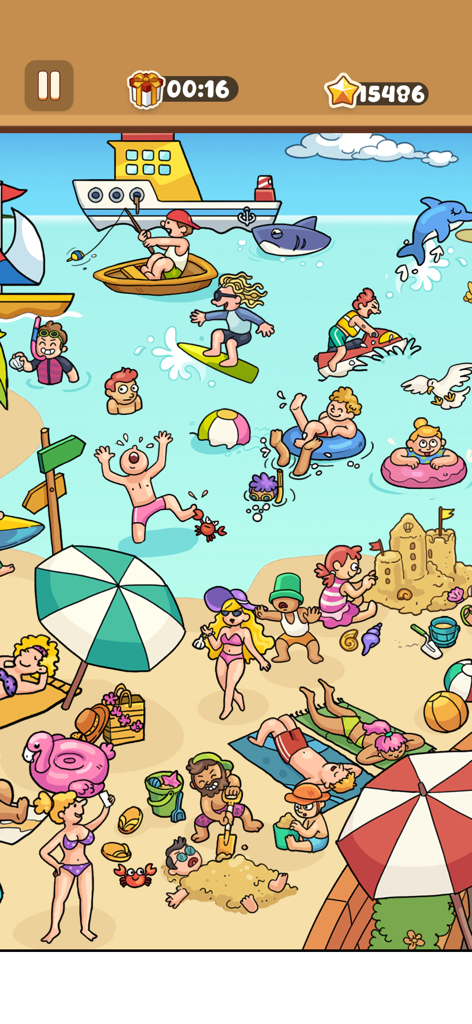 Sticker Puzzle: Colorful Book - ステッカーパズル カラフルブックで、人々が泳いだりサーフィンをしたりする、鮮やかな漫画のビーチシーン。