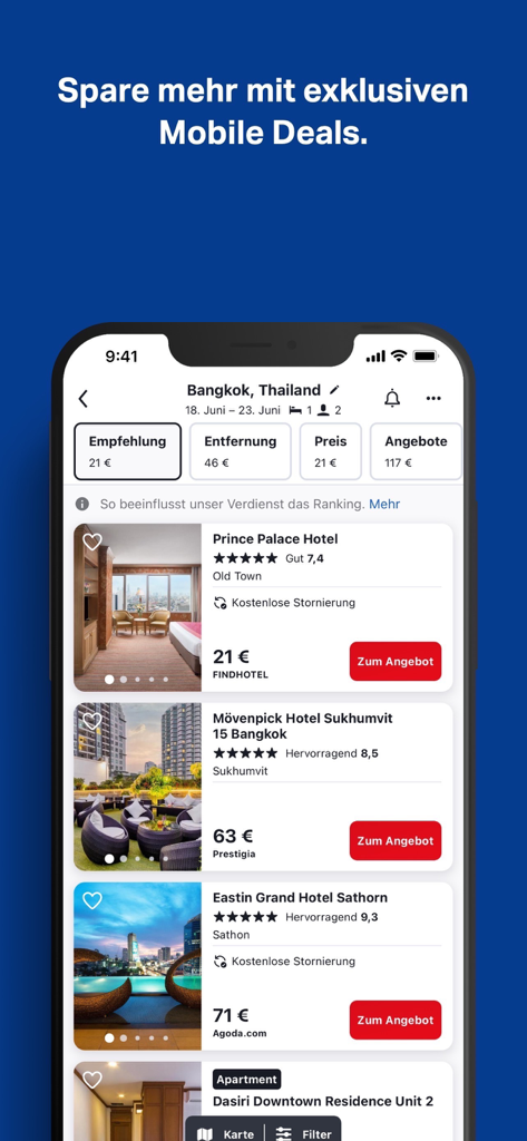 SWOODOO mobile app interface displaying hotel search results and exclusive deals for Bangkok.
