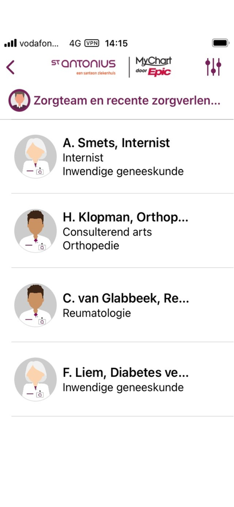 Mijn Antonius - List of healthcare providers and specialists in the Mijn Antonius care team screen
