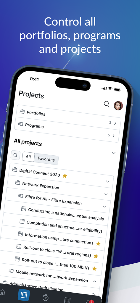 OpenProjectモバイルアプリのインターフェース。ポートフォリオ、プログラム、プロジェクトを管理するためのダッシュボードが表示されています。