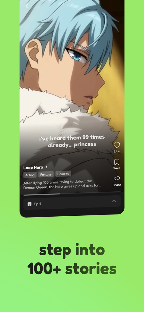 Mochi app interface showing a vertical anime short episode with the text step into 100 plus stories