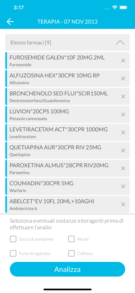 INTERCheck - INTERCheck app screen showing a list of patient medications for pharmacological analysis.