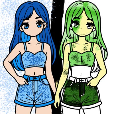two sisters with crop tops and jean shorts and straight hair
