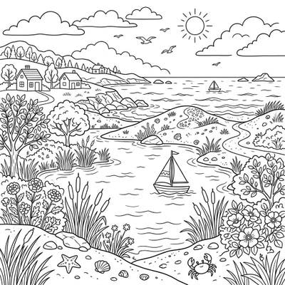 Dive into a charming coastal adventure with this delightful coloring page, perfect for young artists. Featuring serene lakes meeting the ocean, this scene offers hours of creative fun.