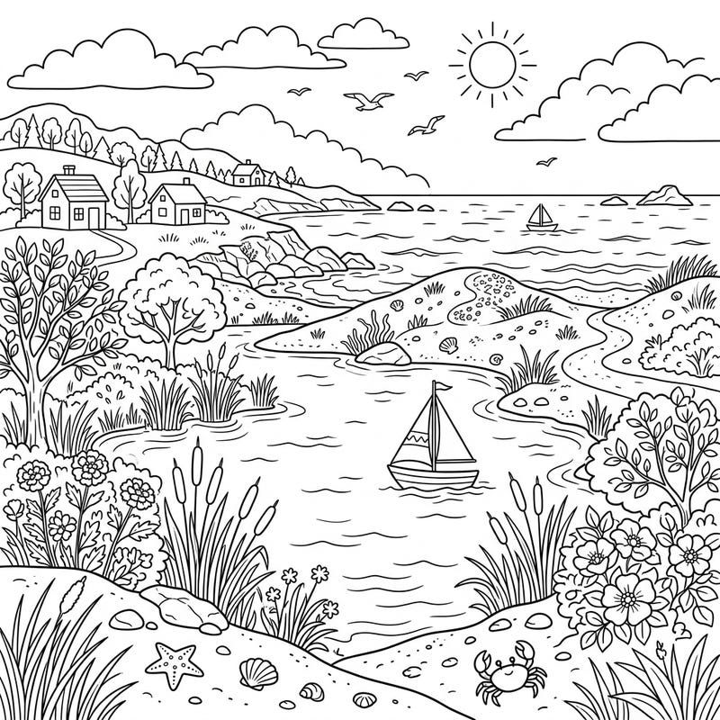 Dive into a charming coastal adventure with this delightful coloring page, perfect for young artists. Featuring serene lakes meeting the ocean, this scene offers hours of creative fun.