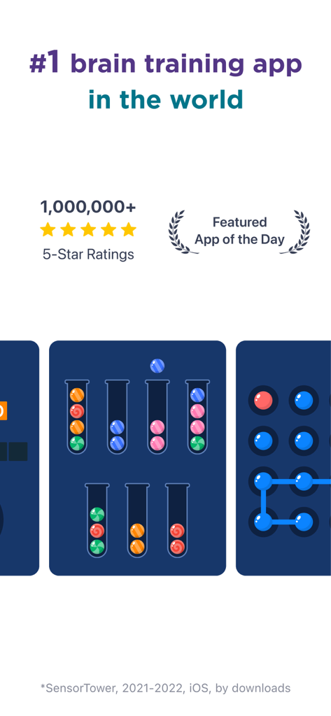 Impulse - Brain Training - Schermata promozionale di Impulse Brain Training che mostra il suo posizionamento al primo posto con oltre un milione di valutazioni a cinque stelle e anteprime di gioco.