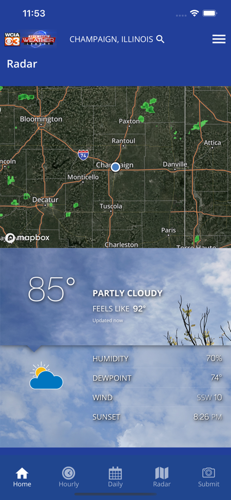 WCIA 3 Weather - WCIA 3 Weather app interface showing local radar map and current weather conditions for Champaign Illinois