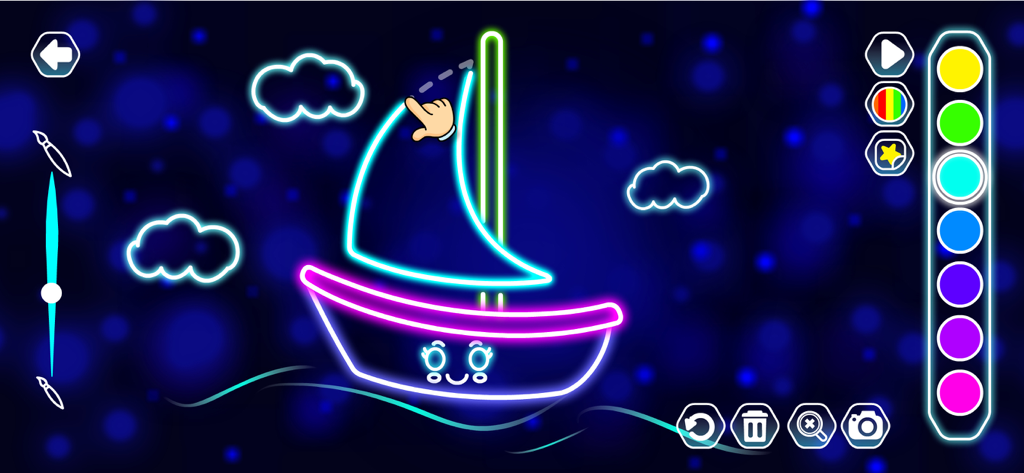 A child drawing a neon glowing sailboat on a starry background in the Kids Doodle Drawing app