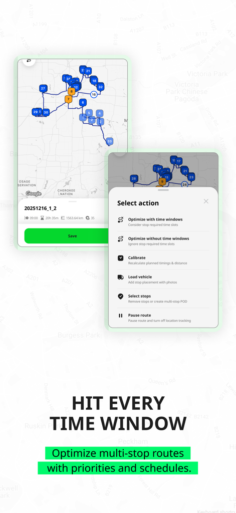 Geo2 Delivery Route Planner - Geo2 app interface showing multi-stop route optimization options including time windows and vehicle loading