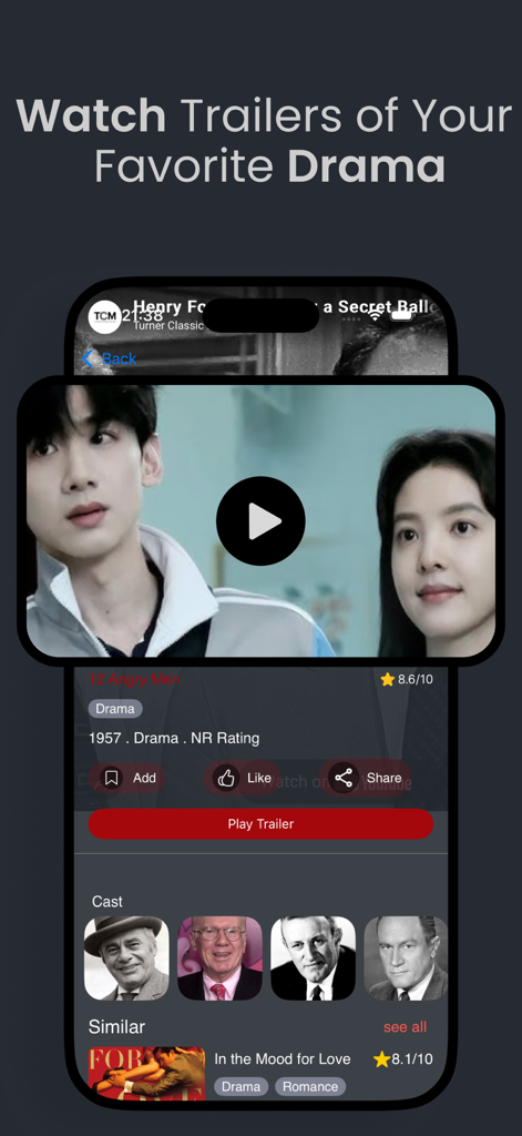 Xuper TV mobile app interface showing movie trailers and actor profiles.